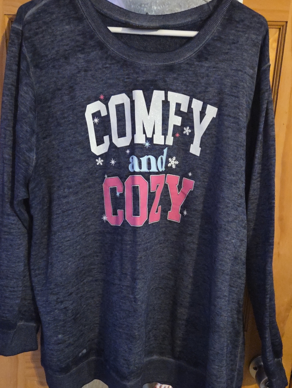 Lane Bryant Navy 'Comfy and Cozy' Graphic Pullover with White and Pink Accents